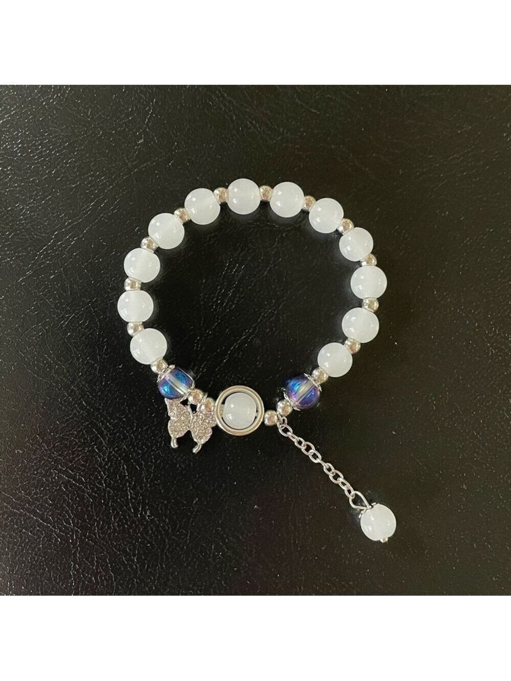 Bracelet Beaded Butterfly Charm White With Blue Stretchy
